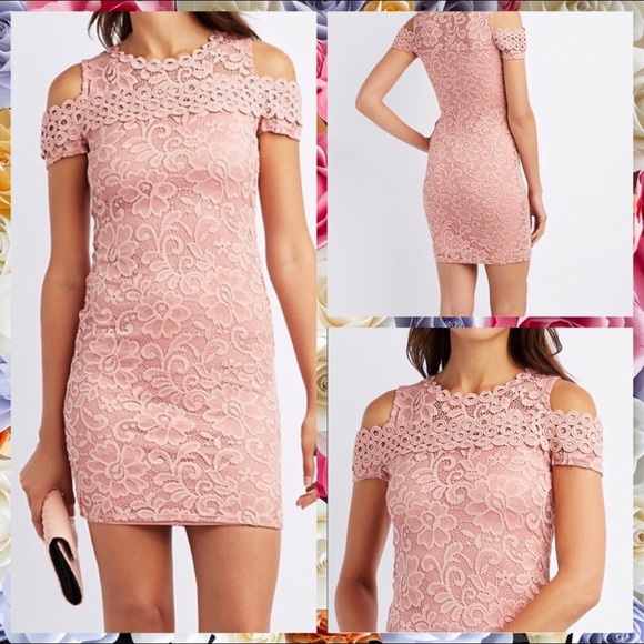 Dresses & Skirts - Cold shoulder bodycon dress floral pink lace med